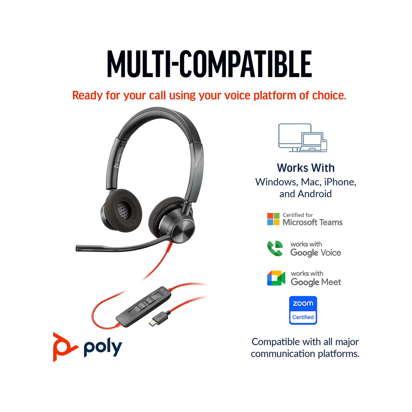 Poly Blackwire 3320 Stereo Microsoft Teams Certified USB-C Headset +USB-C/A Adapter